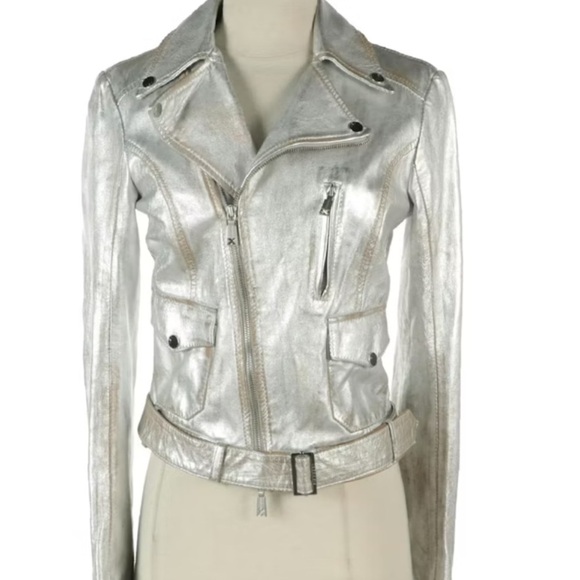 JOHN RICHMOND RICHMOND X Leather Metallic Cropped Moto Jacket SZ 42 - Picture 1 of 10